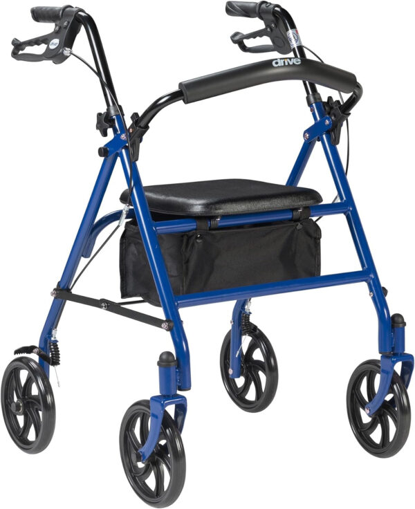 Drive Medical 10257BL-1 4 Wheel Rollator Walker With Seat, Steel Rolling Walker, Height Adjustable, 7.5″ Wheels, Removable Back Support, 300 Pound Weight Capacity, Blue