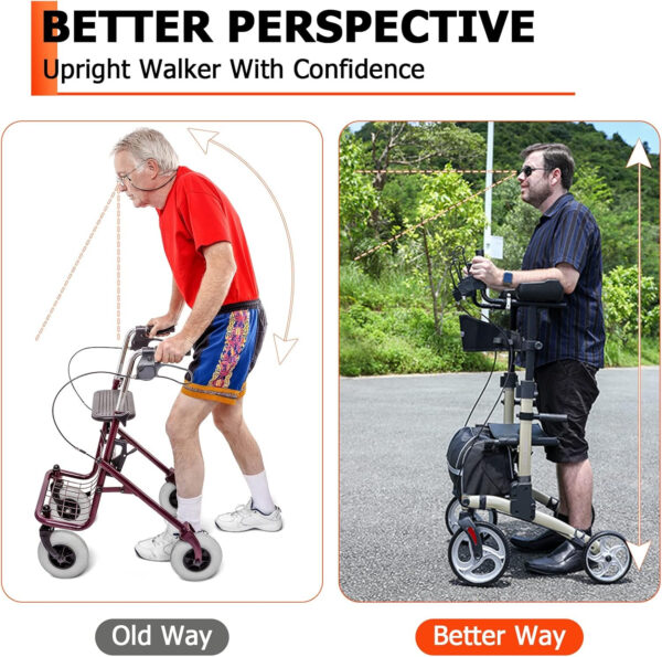 Upright Rollator Walker with 18” Seat -Stand Up Folding Tall Rolling Walker with 10” Front Wheels Supporting Up to 300lbs