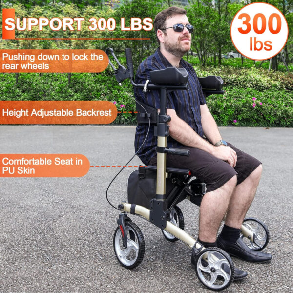 Upright Rollator Walker with 18” Seat -Stand Up Folding Tall Rolling Walker with 10” Front Wheels Supporting Up to 300lbs