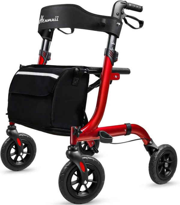 Rollator Walker for Seniors, Lightweight Foldable All Terrain Rolling Walker with seat, Aluminum Walkers with 8 inch Rubber Wheels, Handles and Backrest for Seniors and Adult