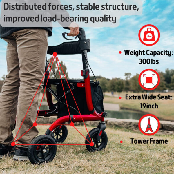 Rollator Walker for Seniors, Lightweight Foldable All Terrain Rolling Walker with seat, Aluminum Walkers with 8 inch Rubber Wheels, Handles and Backrest for Seniors and Adult