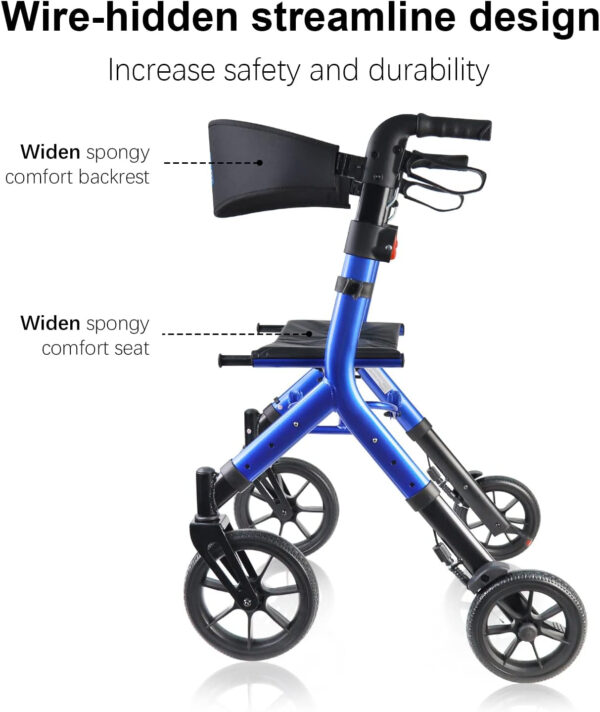 Rollator Walker for Seniors Taller 5.3~7ft with Height-Adjustable Seat, 10 Inch Wheels Wire-Hidden Walkers Compact Folding Design Lightweight Mobility Walking Aid Widen Backrest, Blue