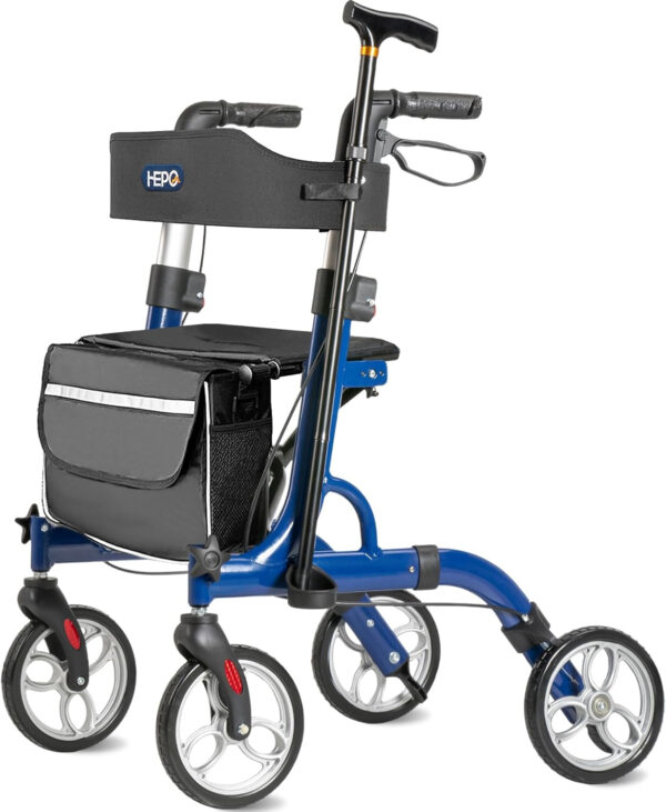 Walkers for Seniors with Foldable Cane and Cane Holder, Height Adjustment Rollator Walker with Padded Seat and Brake, Lightweight Folding 4X 8 inch Wheels Rolling Walker, Blue