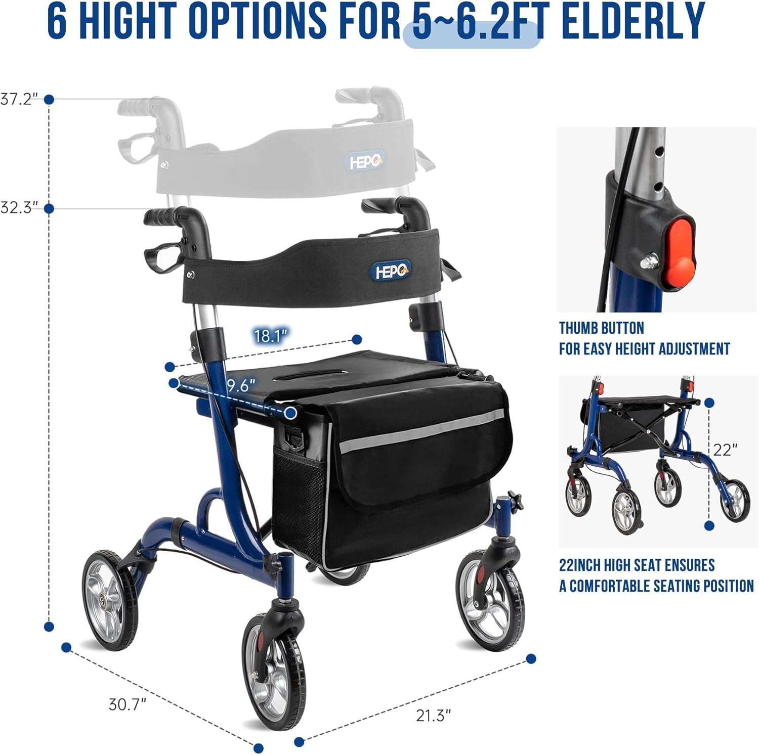 Walkers for Seniors with Foldable Cane and Cane Holder, Height ...