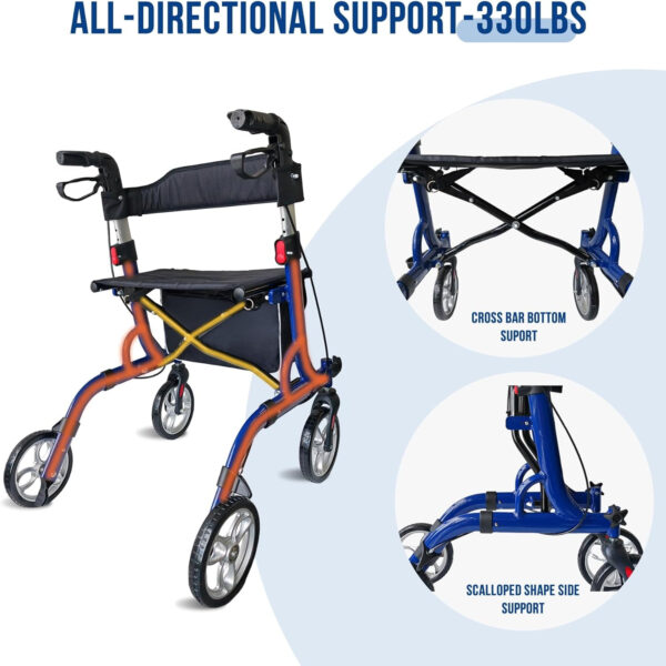 Walkers for Seniors with Foldable Cane and Cane Holder, Height Adjustment Rollator Walker with Padded Seat and Brake, Lightweight Folding 4X 8 inch Wheels Rolling Walker, Blue