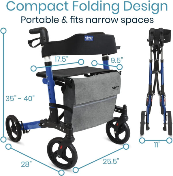 Vive Tall Rollator Walker with Seat for Seniors, Men – All Terrain, Rolling, Folding, Heavy Duty, Medical, Extra Large 4 Wheels, Brakes, with Bag – for Adults, Lightweight Premium Scooter Aid