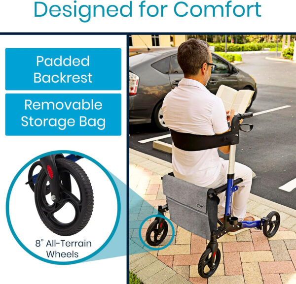 Vive Tall Rollator Walker with Seat for Seniors, Men – All Terrain, Rolling, Folding, Heavy Duty, Medical, Extra Large 4 Wheels, Brakes, with Bag – for Adults, Lightweight Premium Scooter Aid