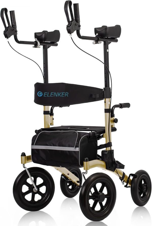 ELENKER All-Terrain Upright Rollator Walker, Stand Up Rolling Walker with Non-Pneumatic Tire 12” Front Wheels, Compact Folding for Seniors, Champagne