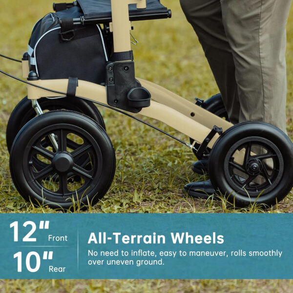 ELENKER All-Terrain Upright Rollator Walker, Stand Up Rolling Walker with Non-Pneumatic Tire 12” Front Wheels, Compact Folding for Seniors, Champagne