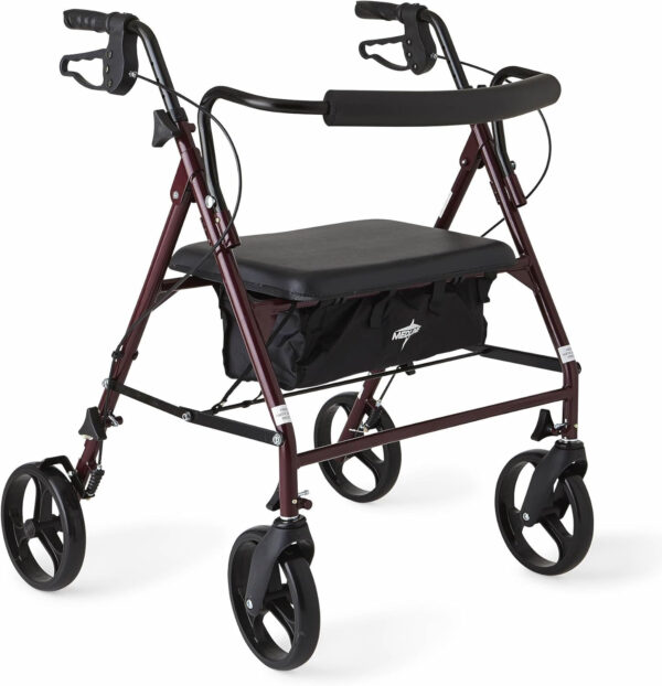 Medline Large Steel Bariatric Rollator Walker with Adjustable Handles,Padded Seat & Backrest,Burgundy, 500 lb.Weight Capacity,Foldable, Under Seat Storage,8″ Wheels,Rolling Walker For Seniors & Adults