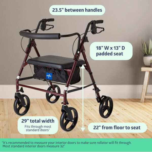 Medline Large Steel Bariatric Rollator Walker with Adjustable Handles,Padded Seat & Backrest,Burgundy, 500 lb.Weight Capacity,Foldable, Under Seat Storage,8″ Wheels,Rolling Walker For Seniors & Adults