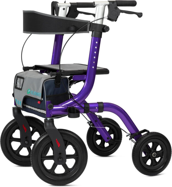 ELENKER All-Terrain Rollator Walker with Seat, Outdoor Rolling Walker, 12” Non-Pneumatic Tire Front Wheels, Compact Folding Design for Seniors, Purple