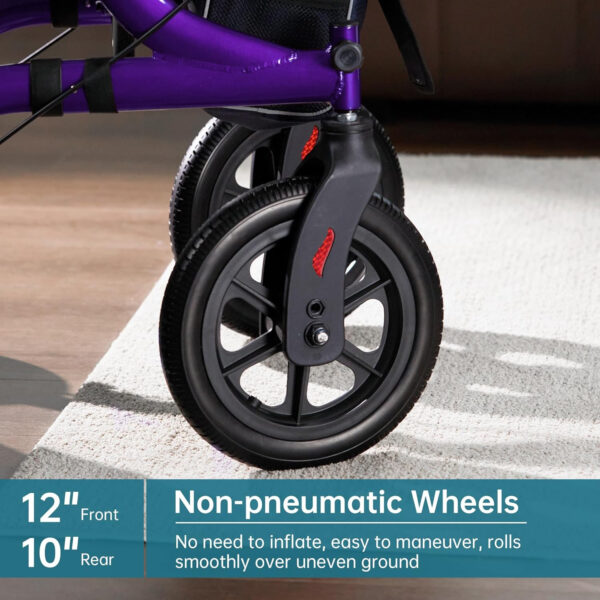 ELENKER All-Terrain Rollator Walker with Seat, Outdoor Rolling Walker, 12” Non-Pneumatic Tire Front Wheels, Compact Folding Design for Seniors, Purple