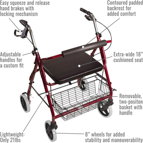 DMI Lightweight Rollator Walker With Seat & Padded Backrest, FSA HSA, 32″-36″ Adjustable Height W/ Loop-lock Handbrakes, Supports Up To 375 Lbs, Bariatric Rollator Upright Walkers For Seniors Foldable