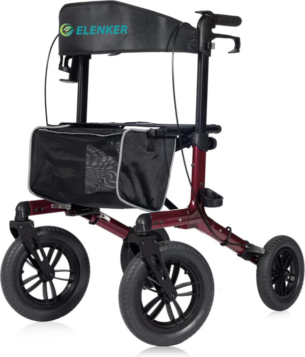 ELENKER All-Terrain Rollator Walker with Non-Pneumatic Tire 12” Front Rubber Wheels, Compact Folding Design for Seniors, Red