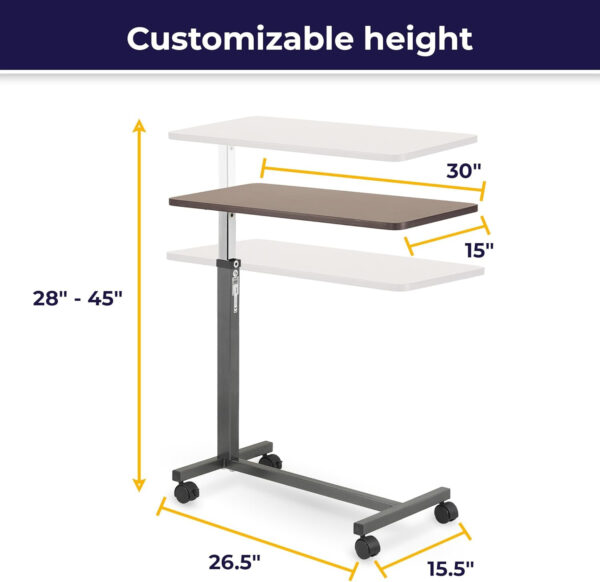 Drive Medical 13067 Non Tilt Top Overbed Table with Wheels, BedSide Table, Adjustable Overbed Rolling Table, Adjustable Standing Desk or Hospital Tray Table with Secure Height Adjustment, Silver Vein