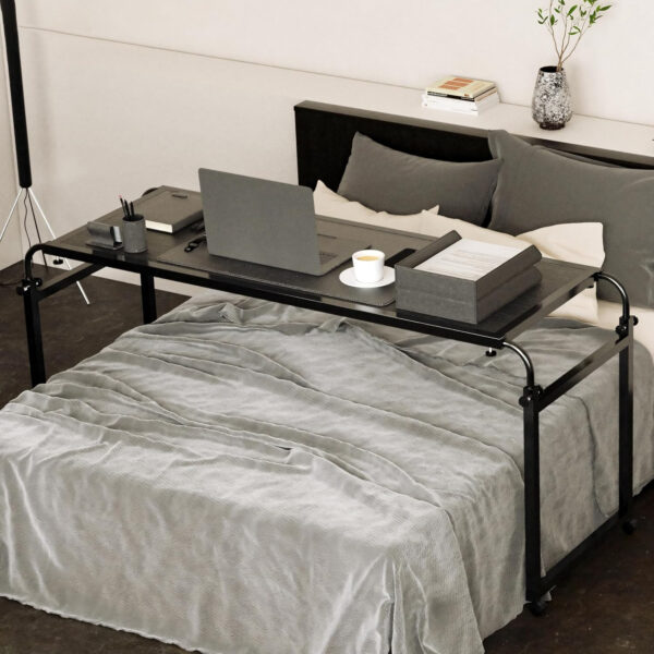 Elevon Overbed Table with Wheels Desk Over Bed King Queen Laptop Wheels, Black