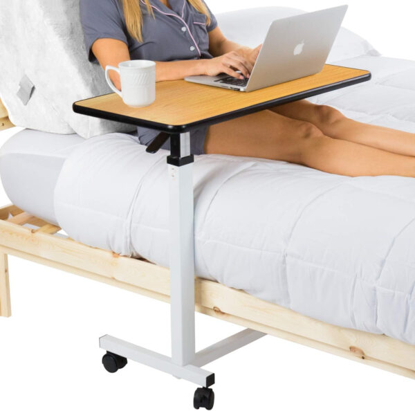 Vive Overbed Table (XL) – Hospital Bed Table – Swivel Wheel Rolling Tray – Adjustable Over Bedside Home Desk – Laptop, Reading, Eating Breakfast Cart Stand – Bedridden, Elderly (Brown)