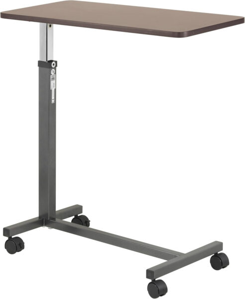 Drive Medical 13067 Non Tilt Top Overbed Table with Wheels, BedSide Table, Adjustable Overbed Rolling Table, Adjustable Standing Desk or Hospital Tray Table with Secure Height Adjustment, Silver Vein