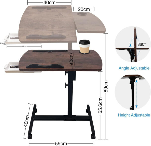 Overbed Table Height Adjustable Bedside Table Hospital Bed Table with 2 Tilting Desktops Mobile Laptop Desk with 2 Tilting Desktops,Cup Holde,Drawer for Office, Home and Hospital (Brown)