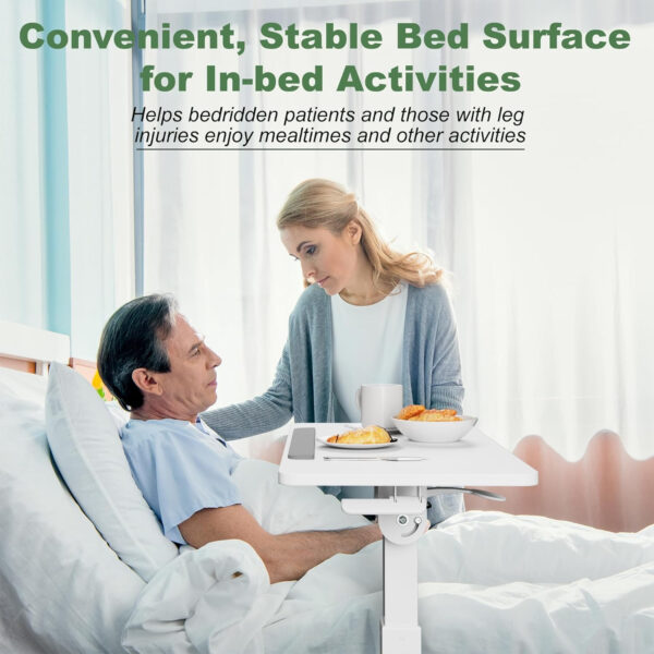 Adjustable Overbed Bedside Table – 90° Tiltable Mobile Standing Desk Portable Rolling Computer Cart Movable Desk for Laptop Bed Sofa Side Table Hospital Home Use(15.8″ W x 31.5″ D, White)