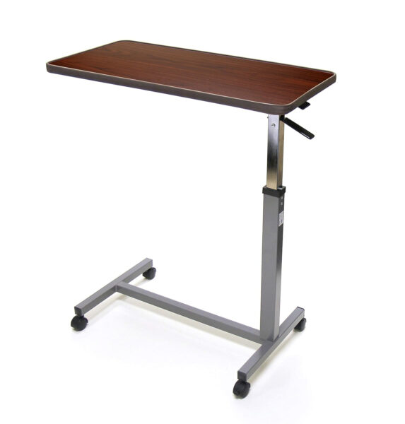 Invacare 6418 Hospital Style Overbed Table with Adjustable Height Tilt Top and Wheels for Beds and Bedside, Wood Grain