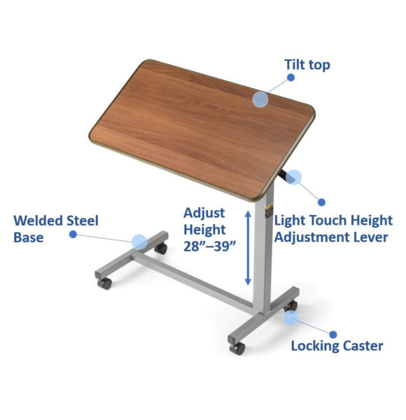 Invacare 6418 Hospital Style Overbed Table with Adjustable Height Tilt Top and Wheels for Beds and Bedside, Wood Grain