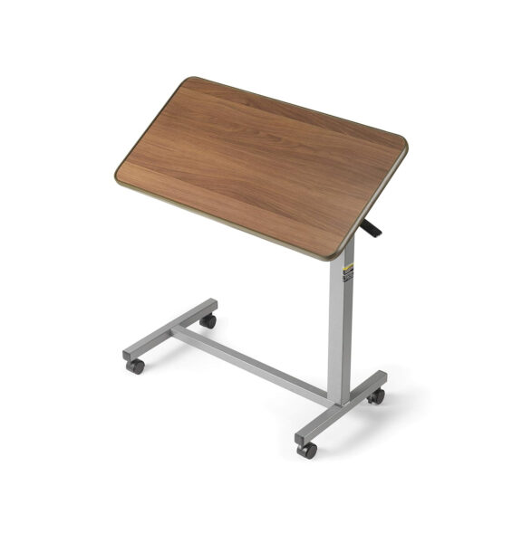 Invacare 6418 Hospital Style Overbed Table with Adjustable Height Tilt Top and Wheels for Beds and Bedside, Wood Grain