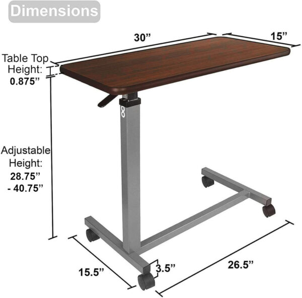 Vaunn Adjustable Overbed Bedside Table With Wheels (Hospital and Home Use), Walnut Brown