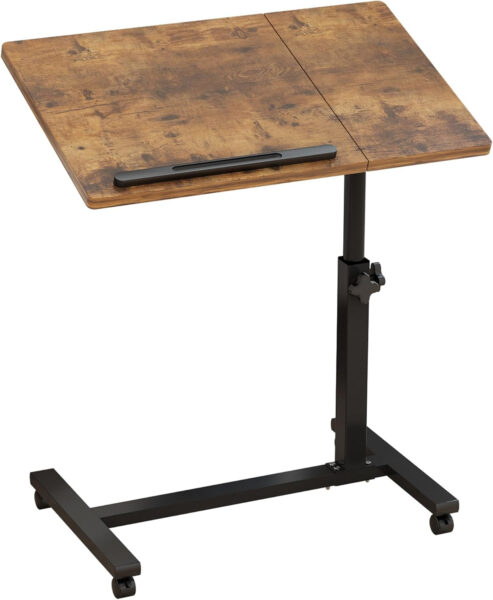 TigerDad Brown T-Shape Overbed Table with Wheels, Adjustable Tiltable Laptop Stand Desk, 15.7×13.7×23.6 inches, 22 lbs Load Capacity