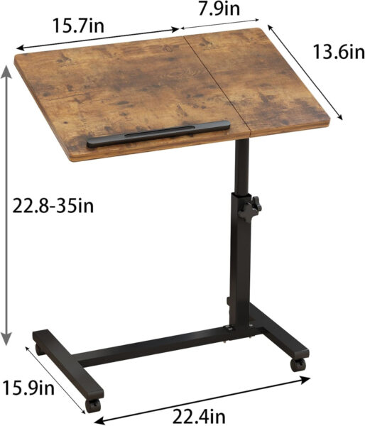 TigerDad Brown T-Shape Overbed Table with Wheels, Adjustable Tiltable Laptop Stand Desk, 15.7×13.7×23.6 inches, 22 lbs Load Capacity