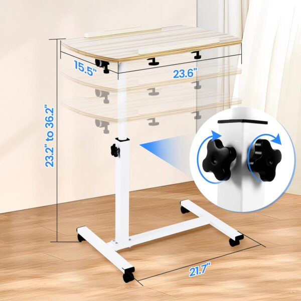 Overbed Table Height Adjustable with Tilting Desktop Bed Side Table with Wheels Lockable Rolling Standing Laptop Desk Hospital Bed Table, White