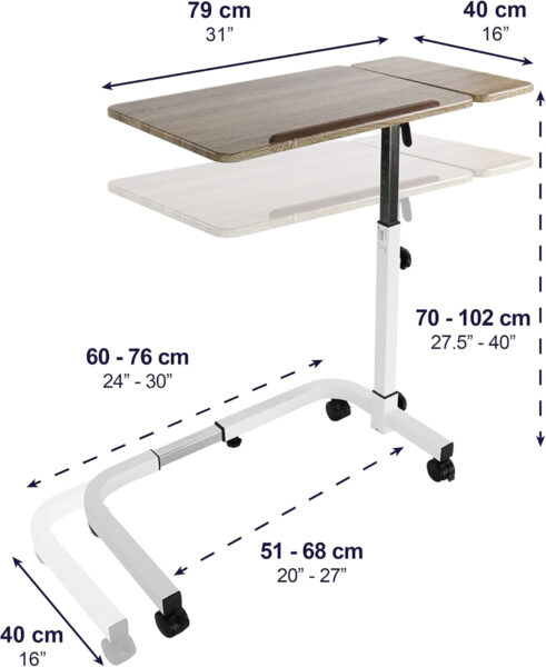 KMINA – Overbed Table with Wheels Adjustable Height, Hospital Bed Table, Tilt Top Bedside Table with Wheels, Hospital Table Over Bed for Home Use, Medical Over Bed Table, Rolling Table for Bed