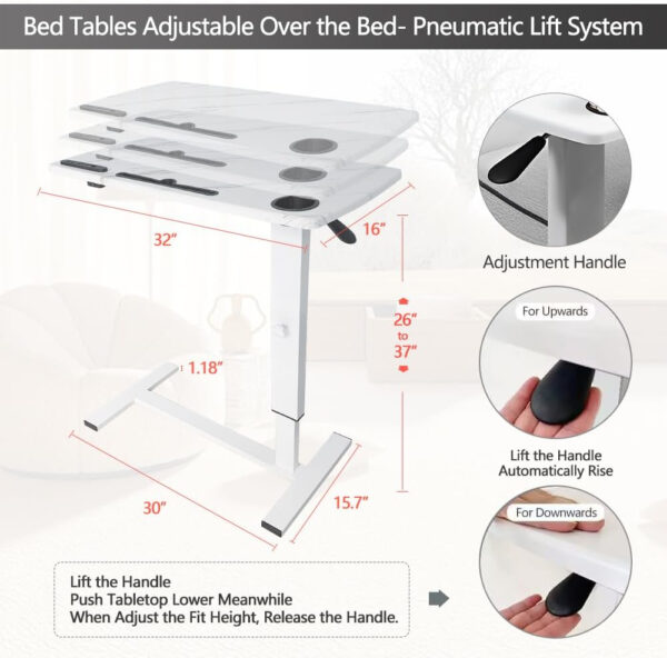 Overbed Table,Hospital Bed Table,Pneumatic Bed Tables Adjustable Over The Bed with Hidden Wheels&USB Port,Mobile Laptop Table Cart and Rolling Bedside Table with Tray Hospital Home Use-White