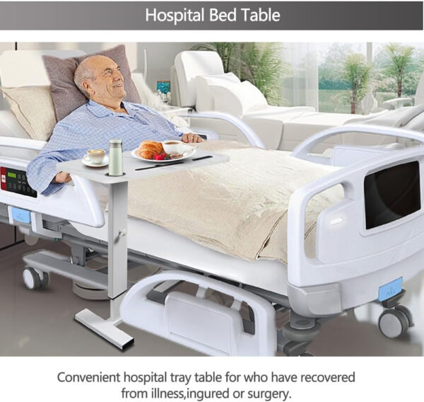 Overbed Table,Hospital Bed Table,Pneumatic Bed Tables Adjustable Over The Bed with Hidden Wheels&USB Port,Mobile Laptop Table Cart and Rolling Bedside Table with Tray Hospital Home Use-White