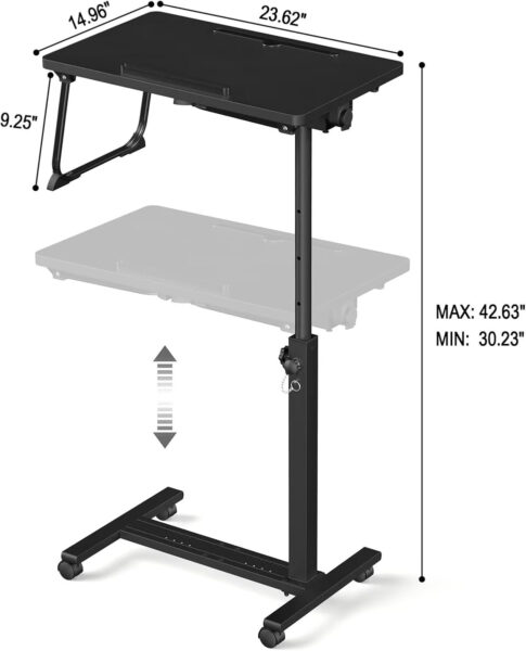 Adjustable Overbed Bedside Table, Hospital Bed Table with Wheels, Rolling Desk, Mobile Desk, Rolling Laptop Stand, Computer Cart, Portable Desk on Wheels, Small Standing Desk or Bed Table Tray