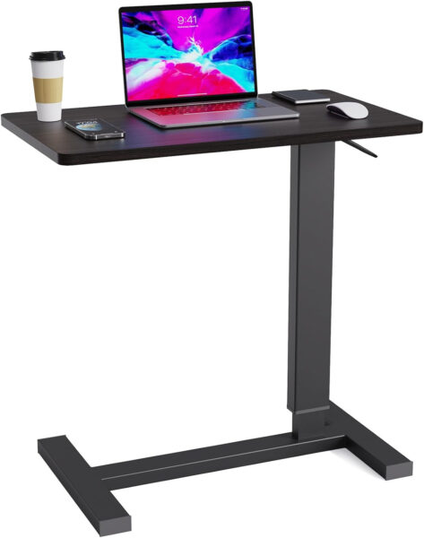 Overbed Table with Swivel Hidden Wheels Adjustable Height, Pneumatic Mobile Standing Desk Laptop Bedside Table Multi-Purpose for Home and Hospital Use (27”L x 15”W, Black)