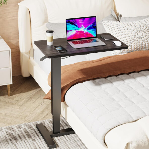 Overbed Table with Swivel Hidden Wheels Adjustable Height, Pneumatic Mobile Standing Desk Laptop Bedside Table Multi-Purpose for Home and Hospital Use (27”L x 15”W, Black)