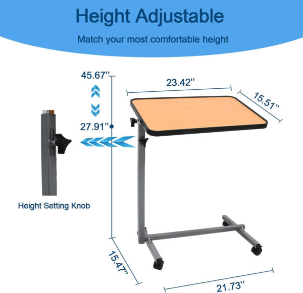 Overbed Table with Wheels,Sturdy Iron Table Frame Adjustable Height & Angle, Over Bed Desk Hospital Tray Table Sofa Chair Side Table for Home Office，Medical Patient Care