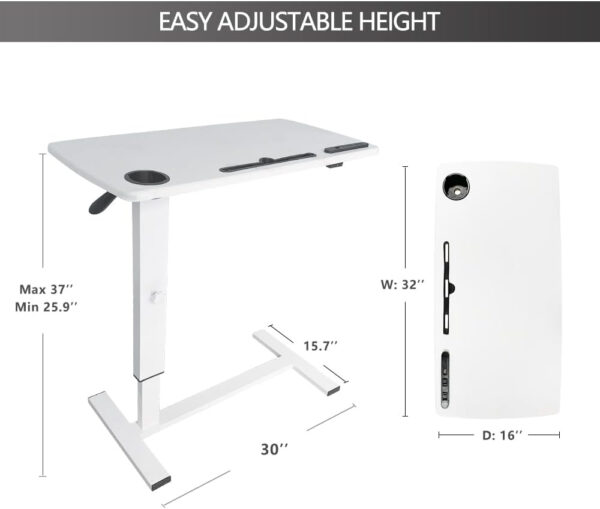 Over Bed Table Pneumatic Adjustable Height Stand Desk with Hidden Wheels USB Ports Pad Slot Mobile Laptop Standing Desk Cart, Podium Table (White, 32X16 inshes)