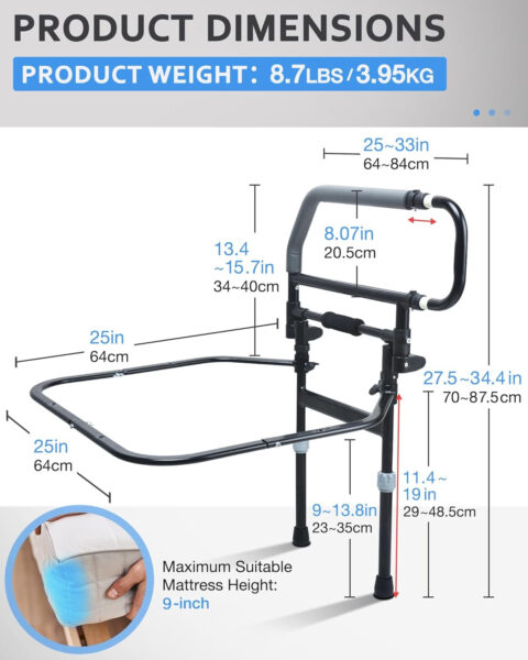 Sangohe Heavy Duty Bed Rail for Senior & Elderly and People Falling Out of Bed – Foldable Bed Assist Handle – 504E