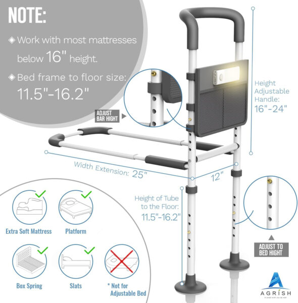 Agrish Bed Rails for Elderly Adults Safety – with Motion Light & Storage Pouch, Bedside Assist Bar with Support Legs for Seniors & Surgery Patients – Medical Bed Rail