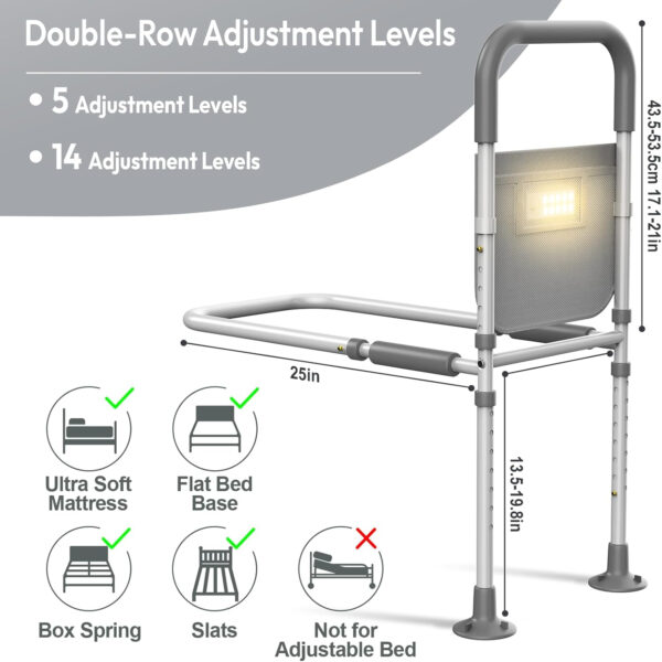 Bed Rails for Elderly Adults Safety: with Motion Sensor Light & Storage Bag -Adjustable Bed Assist Rail for Seniors – Side Bed Rail Handle Support Bar Bed Guard Rails – Fit King Queen Full Twin Bed