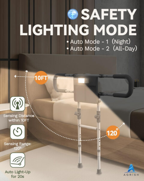 Agrish Foldable Bed Rails for Elderly Adults Safety – with Motion Light, Adjustable Bed Rails with Support Legs for Seniors, Surgery Patients & Handicap Foldable Bed Rails, Fit Any Bed