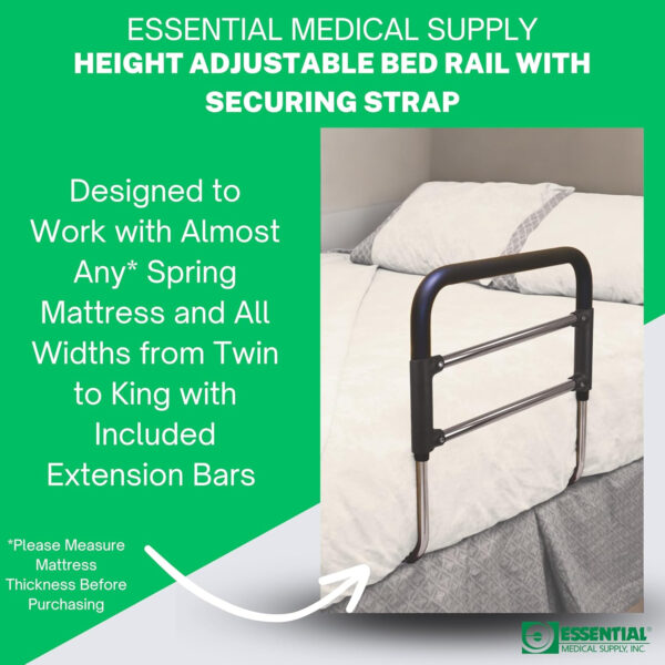 Essential Medical Supply Height Adjustable Hand Bed Rail with Attached Securing Strap for Greater Stability and Safety for Adults, Seniors and The Elderly – Designed for Any Width Mattress