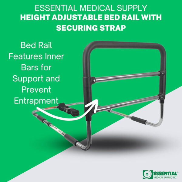 Essential Medical Supply Height Adjustable Hand Bed Rail with Attached Securing Strap for Greater Stability and Safety for Adults, Seniors and The Elderly – Designed for Any Width Mattress