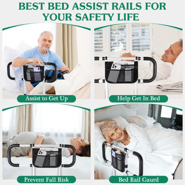 Bed Rails for Elderly Adults Safety – Extended Bed Assist Rail for Seniors – Adjustable Bed Side Rails Handle Support Bar Bed Guard Rail with Storage Bag & Fixing Strap, Fit King Queen Full Twin Bed