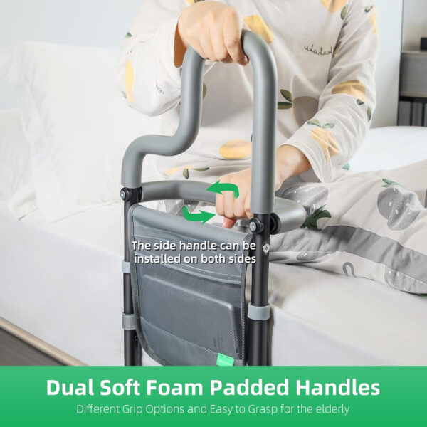 Dual Bar Bed Rail for Elderly Adults Safety with Storage Pocket, Bed Assist Rail for Seniors for Easily Getting in & Out of Bed, Bed Rails Fits King, Queen, Full, Twin Bed