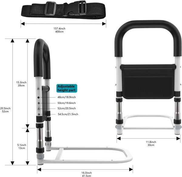 Munzong Senior Bed Safety Rails White, Medical Bed Assist Grab Bar w/Storage Pocket, Bedside Fall Prevention Mobility Aid, Hand Guard Bar Handles, Safety Grab Bar for Elderly Adults Handicap