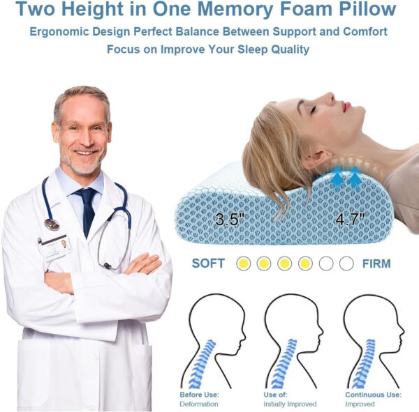 Anvo Memory Foam Pillow, Neck Contour Cervical Orthopedic Pillow for Sleeping Side Back Stomach Sleeper, Ergonomic Bed Pillow for Neck Pain – Blue White, Firm